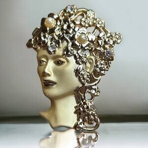 Vintage AJC Brooch Gold Tone Women's Head Faux Pearl & Rhinestone Art Deco Pin